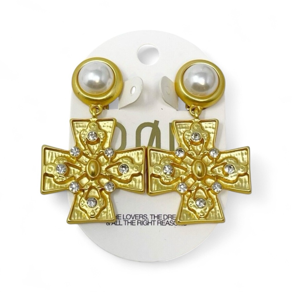 8 Other Reasons 18k Gold Plated Statement Pearl & Cross Clip On Earrings NEW